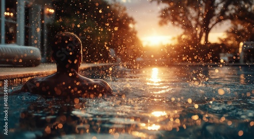 Serene Sunset Swim in Tranquil Waters With Gentle Splashes Around