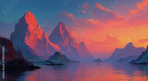 Majestic Mountains at Sunset Reflecting in Calm Waters in a Serene Landscape