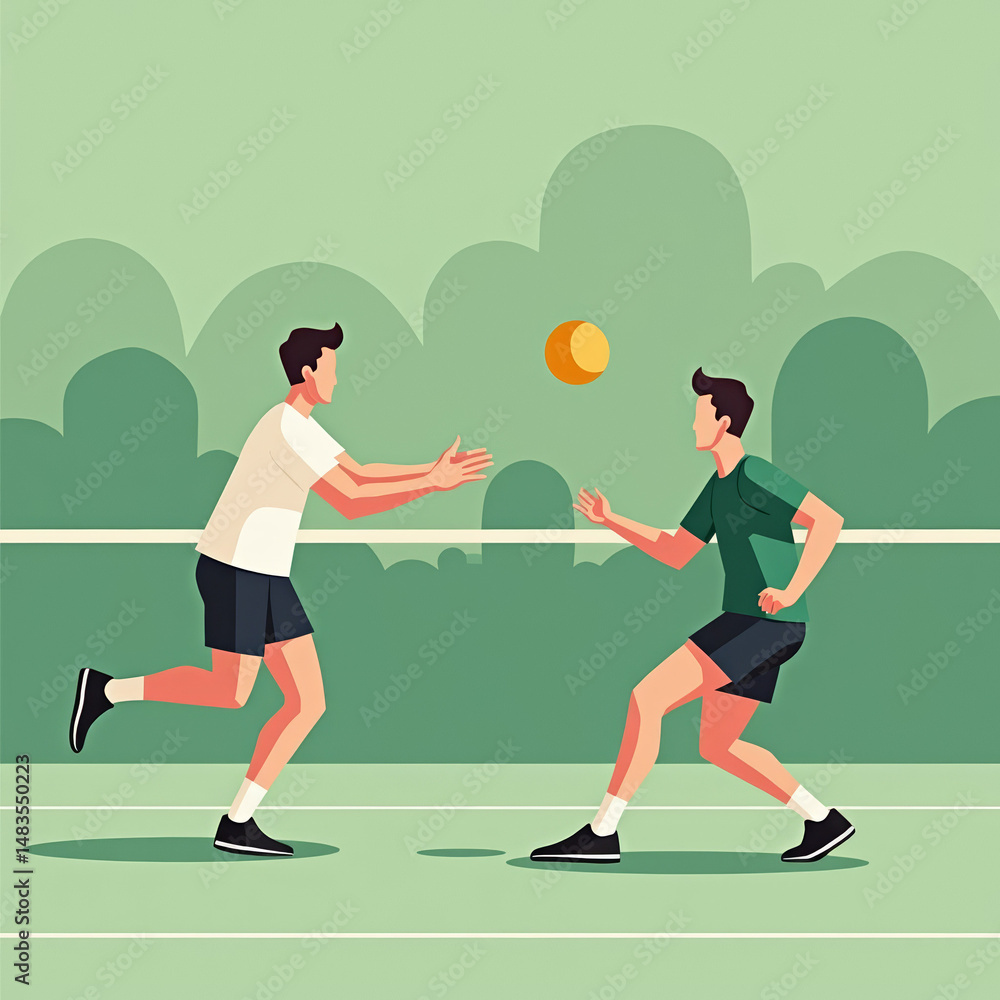Two men playing tennis on a court in a park setting Two men playing tennis on a court in a park setting