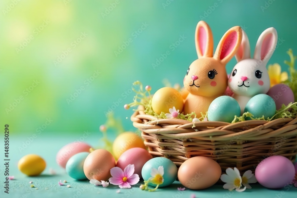 Colorful Easter candy eggs and bunnies in a basket, springtime treats , candy corn, treats Colorful Easter candy eggs and bunnies in a basket, springtime treats , candy corn, treats