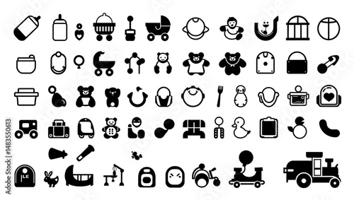 Baby and Kids Essentials Icon Set – Toys, Strollers, Bottles