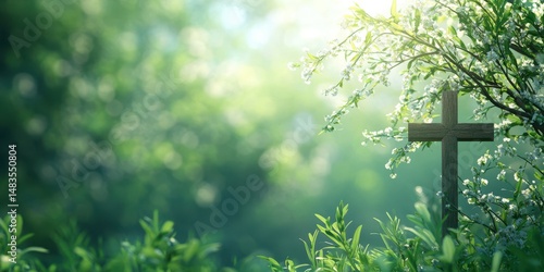 Fototapeta Naklejka Na Ścianę i Meble -  Cross surrounded by blooming flowers in a serene garden during sunrise
