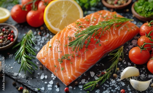 Fresh Salmon Fillet With Herbs and Vegetables on a Dark Surface Ready for Coo...