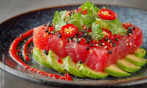 Fresh Tuna Tartare With Avocado and Spicy Toppings on a Dark Plate