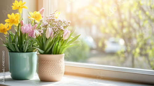 Wallpaper Mural Colorful spring flowers in pots on windowsill with sunlight Torontodigital.ca