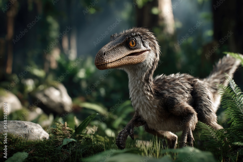 Fototapeta premium A Velociraptor prowling through dense prehistoric foliage