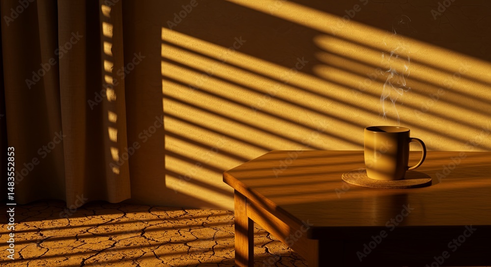 Obraz premium Steaming coffee mug on a wooden table with sunlight streaming through window blinds