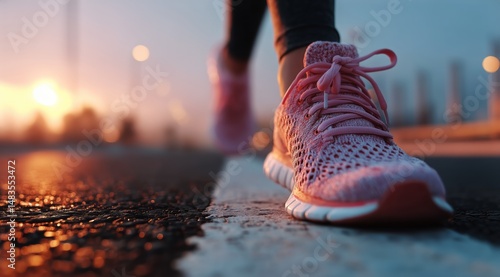 Runner in Pink Shoes Jogging on an Empty Road During Sunset Lighting