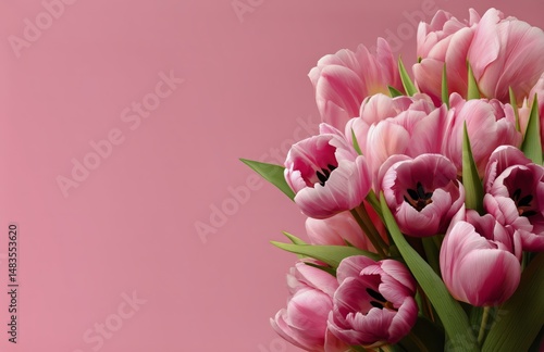 Colorful Bouquet of Tulips Arranged Against a Soft Pink Background for Spring...
