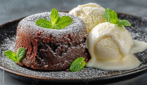 Delicious Chocolate Lava Cake With Vanilla Ice Cream and Mint Garnish on Dark...