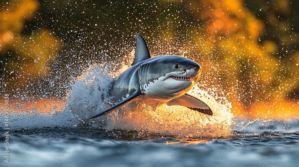 Fototapeta premium Great white shark leaping out of water at sunset