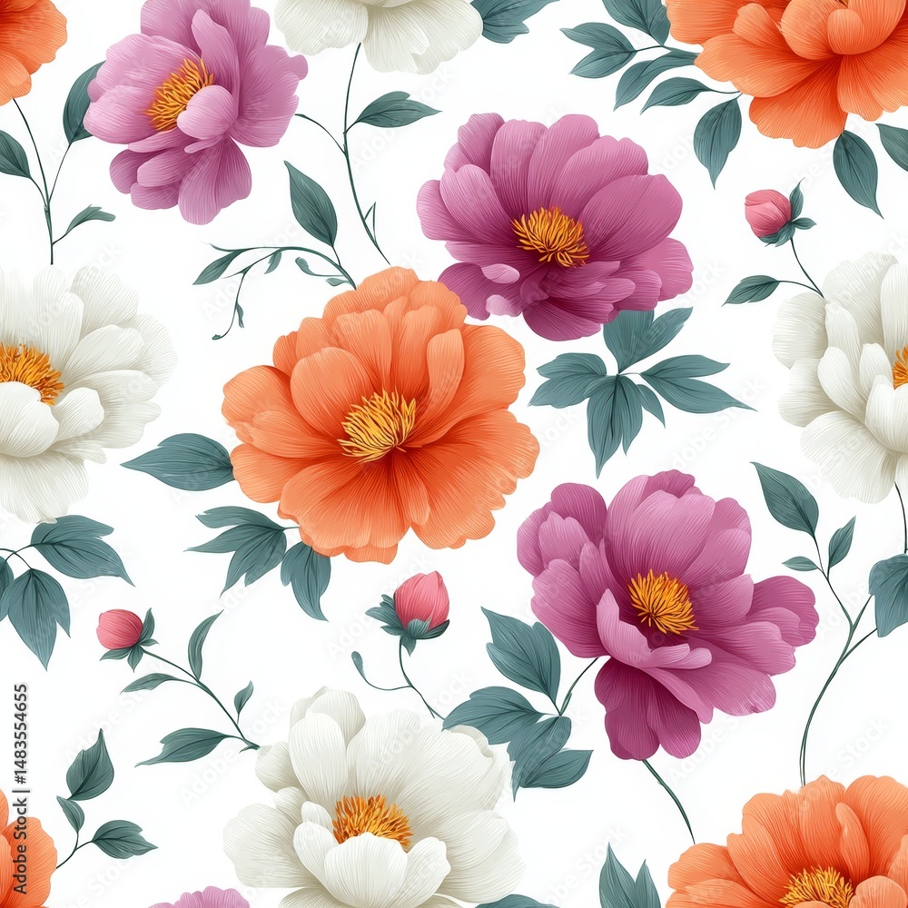 Fototapeta premium Vibrant peonies in graffiti style bloom against a clean white canvas showcasing their artistic flair and color richness