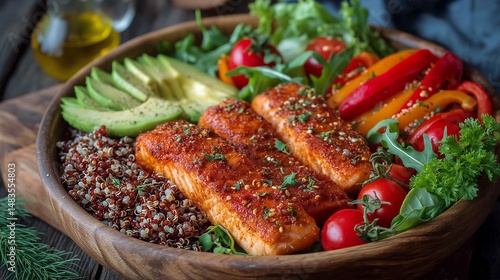 Fresh Salmon Fillet Served With Quinoa and Vibrant Salad Ingredients in a Woo...