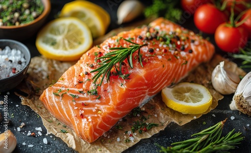 Fresh Salmon Fillet With Herbs and Vegetables on a Dark Surface Ready for Coo...
