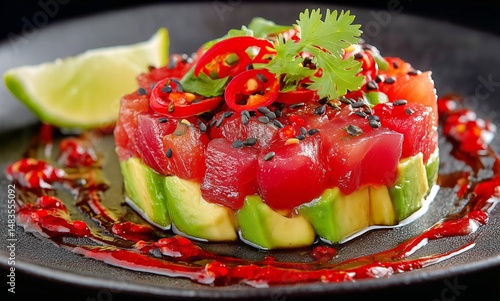 Fresh Tuna Tartare With Avocado and Spicy Toppings on a Dark Plate
