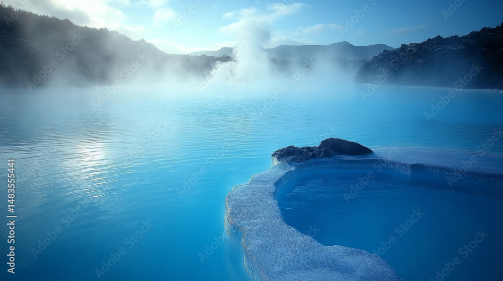 Fototapeta premium The Blue Lagoon in Iceland steams with geothermal water in a scenic spa setting
