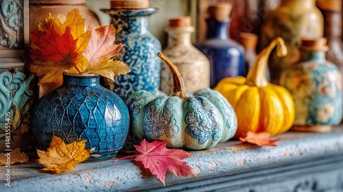 Colorful Decorative Pumpkins With Autumn Leaves on a Rustic Shelf During Fall...
