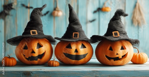 Festive Pumpkins With Witch Hats Display on a Wooden Table for Halloween Cele...