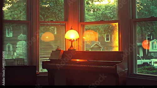Interior room with piano and window view at sunset.