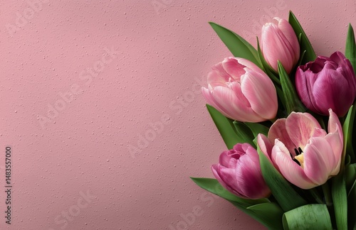 Brightly Colored Tulips Arranged Elegantly on a Soft Pink Background