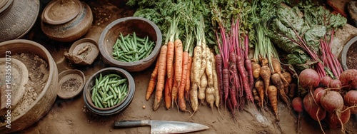 Fresh Vegetables and Herbs Displayed at a Local Market in the Countryside Dur...