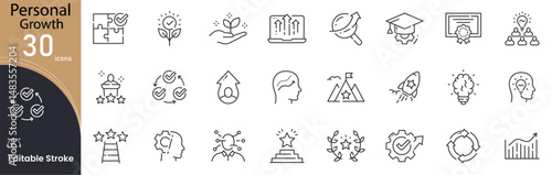Personal Growth related icon collections. Containing Growth, Self, Mindset, Improvement, Motivation, Confidence, Learning, Progress, Goal, and Success icons. Editable Stroke. Outline icon.