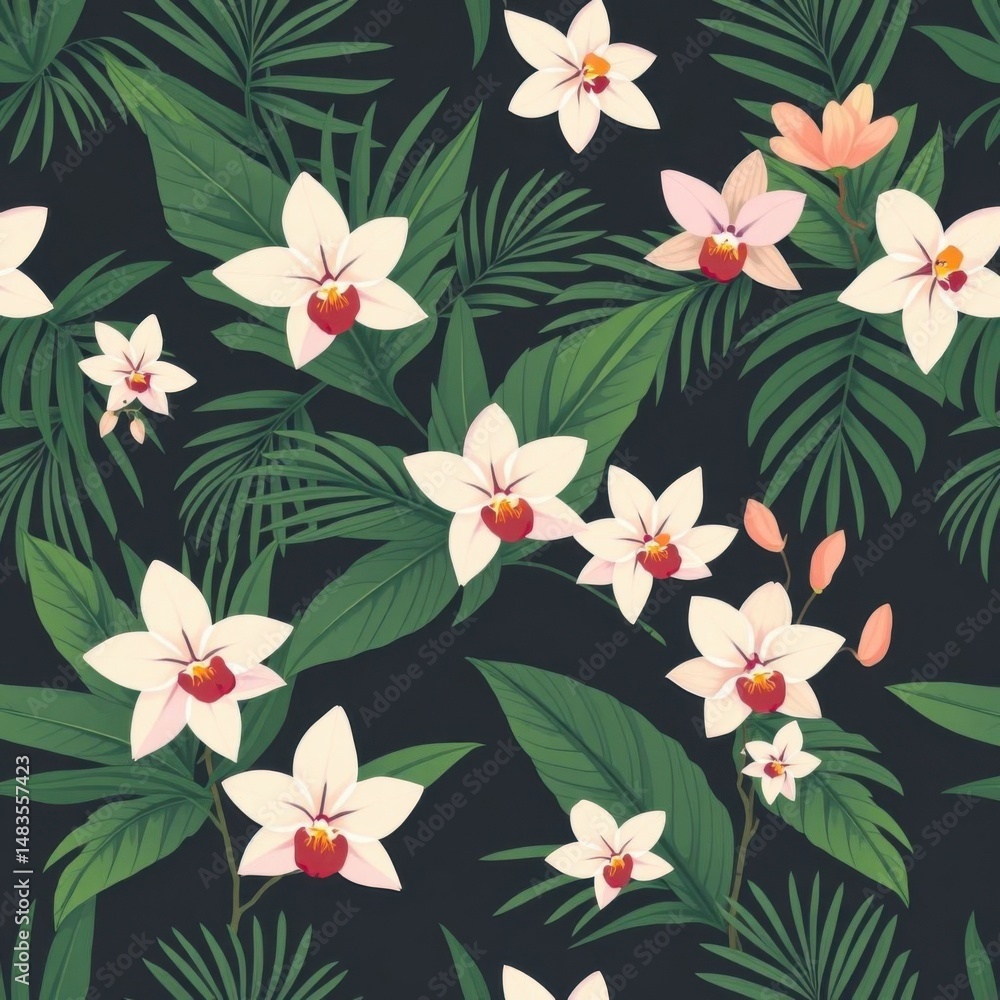 Botanical pattern, palm leaves, orchids & subtle light shift Botanical pattern, palm leaves, orchids & subtle light shift