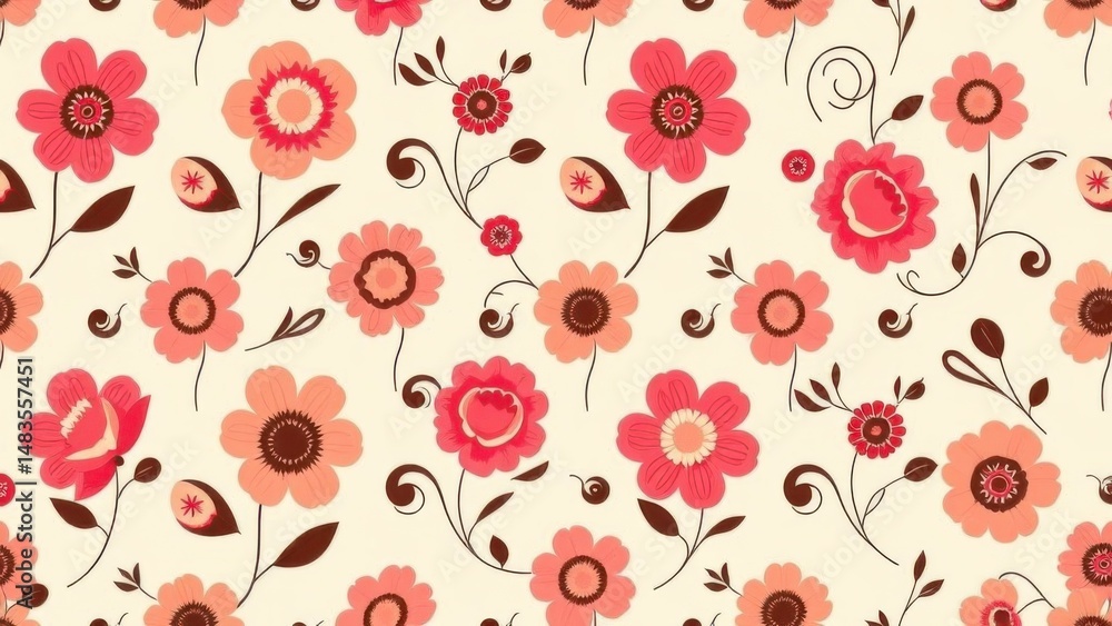 Fototapeta premium Seamless retro floral pattern with stylized, flowing blooms