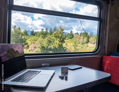 A train table setup with laptop, earbuds, and scenic window view – Remote Work & Digital Nomads
