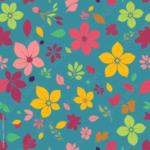 Floral pattern with scattered leaves in bright colors