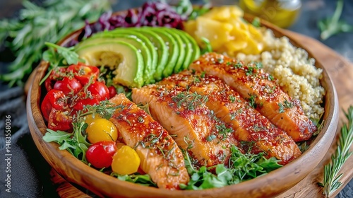 Fresh Salmon Fillet Served With Quinoa and Vibrant Salad Ingredients in a Woo...
