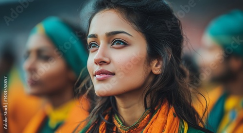 Young Woman Wearing Vibrant Attire Smiles While Attending Cultural Festival i...