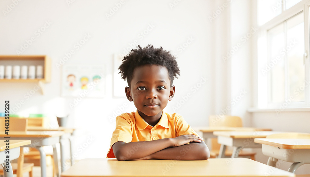 Fototapeta premium Young African Refugee Boy in Yellow T-Shirt Studying in European Classroom – Inclusive Education for Displaced Children, Sunny School Interior with Blurred Children’s Drawings