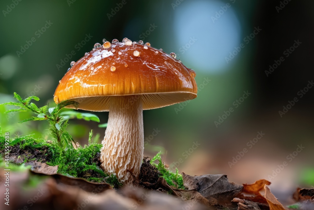 Fototapeta premium A close-up of a single mushroom growing on a damp forest floor