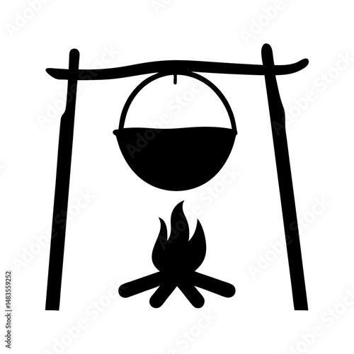Campfire Cooking Pot Over Open Fire Hanging from Wooden Tripod Cooking Outdoors Wilderness Survival