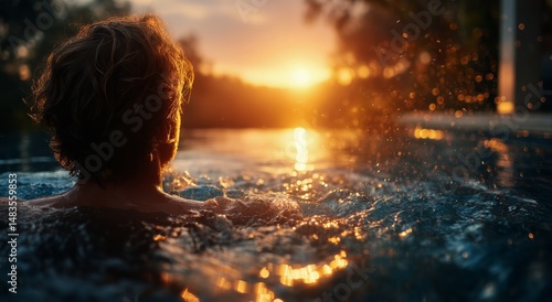 Serene Sunset Swim in Tranquil Waters With Gentle Splashes Around