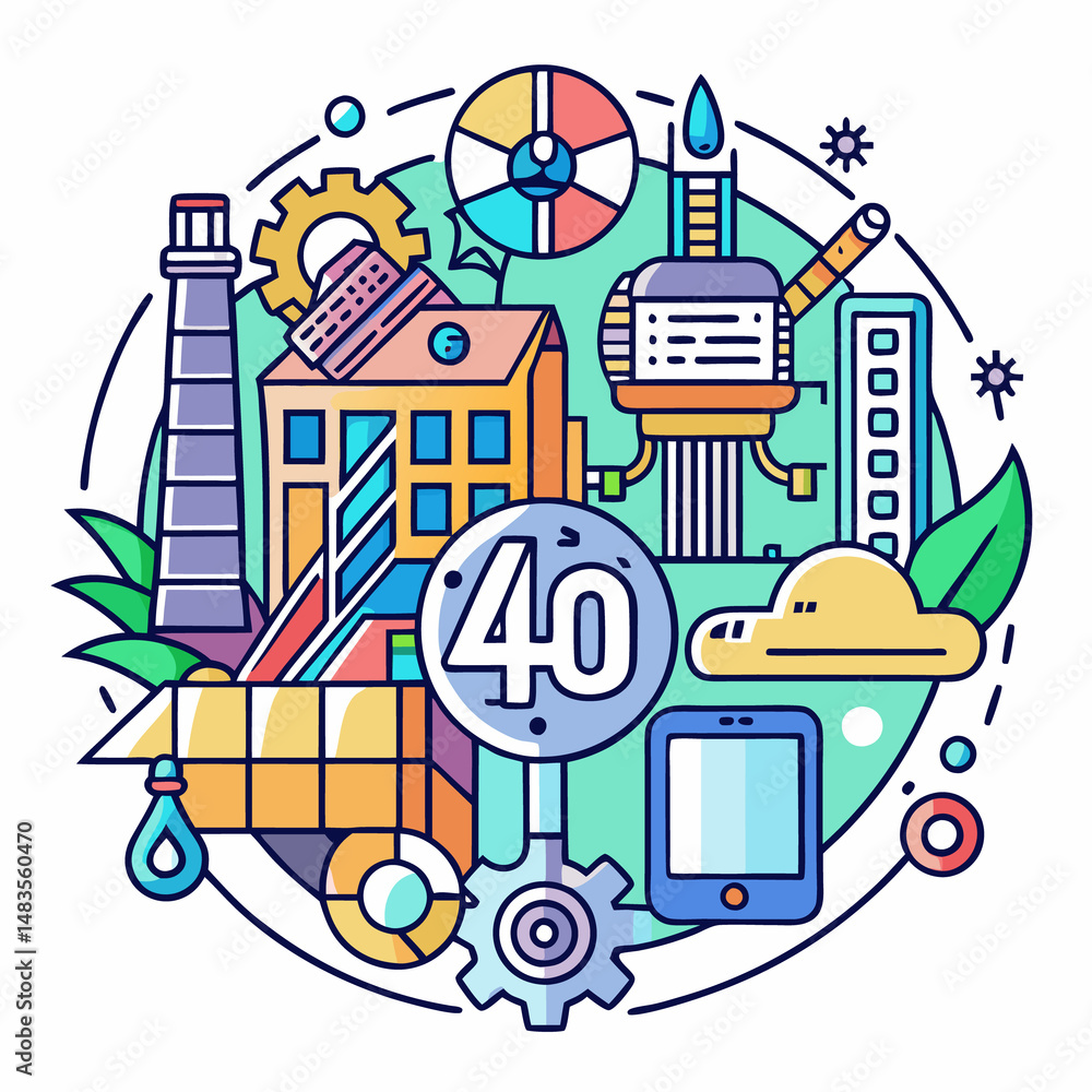 Fototapeta premium Industrial 4.0 concept illustration. A colorful graphic depicting various industrial elements, representing the interconnected systems of the fourth industrial revolution