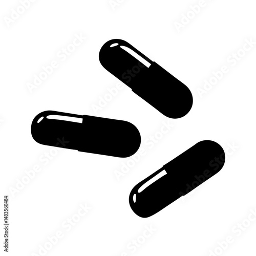 Three Black Capsules Falling Isolated on White Background Medical Illustration