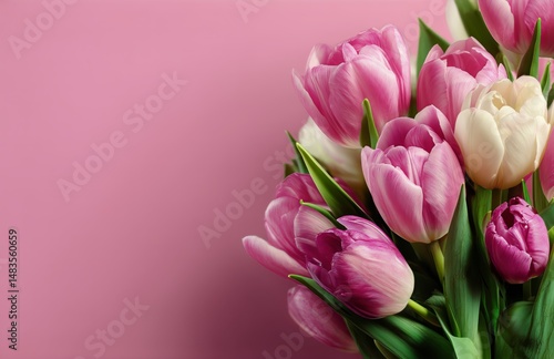 Brightly Colored Tulips Arranged Elegantly on a Soft Pink Background