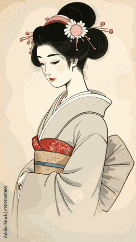 Traditional Japanese sumi-e ink painting of a geisha in minimalist kimono with floral hairpins, rendered in Zen-inspired nihonga portrait style (3)