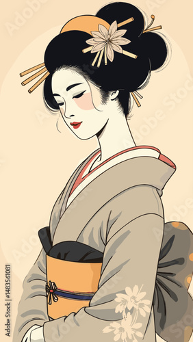 Traditional Japanese sumi-e ink painting of a geisha in minimalist kimono with floral hairpins, rendered in Zen-inspired nihonga portrait style (4)