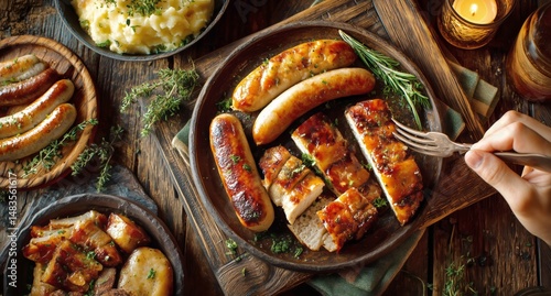 Delicious Barbecue Platter With Assorted Sausages and Grilled Meats Served on...