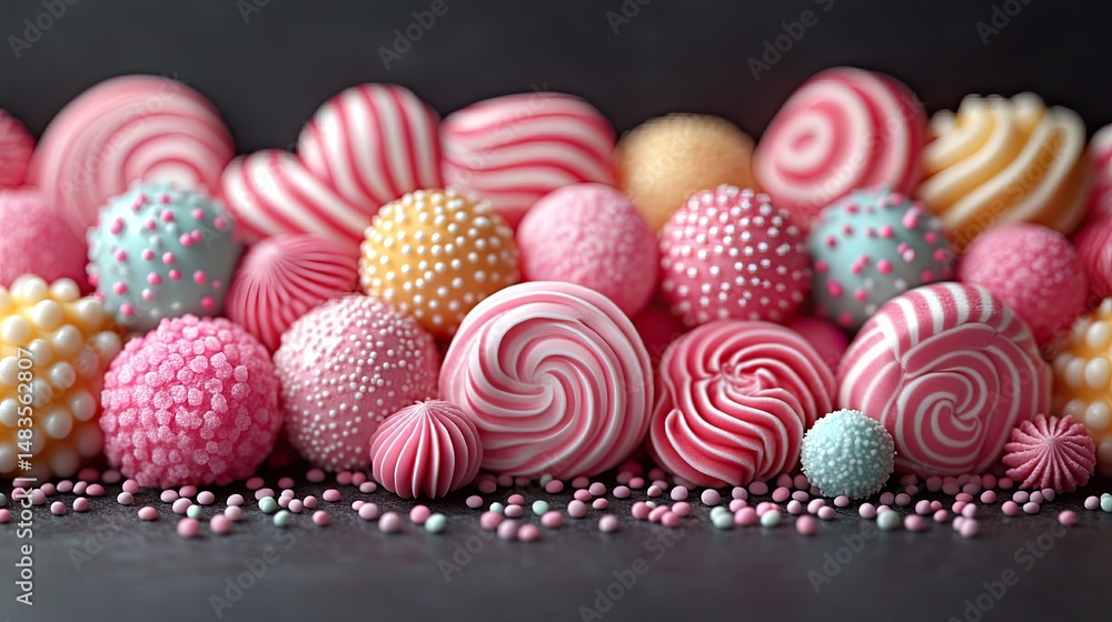 Obraz premium Close-up of assorted pink and white candies with sprinkles on dark background. Use for confectionery, desserts, party decoration, or sweet treats designs.
