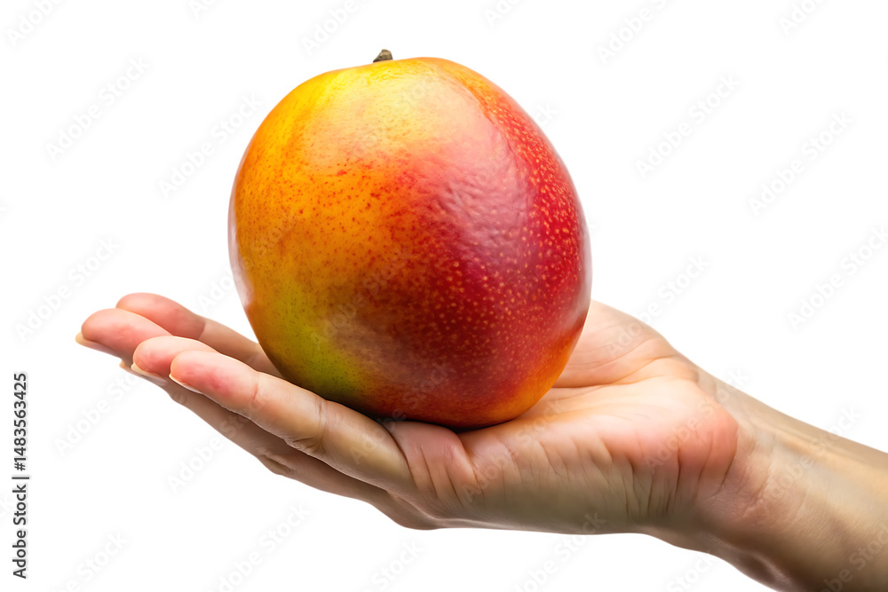 Hand holding mango fruit isolated on transparent background Hand holding mango fruit isolated on transparent background