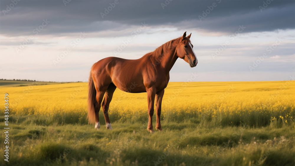 Obraz premium Majestic Horse in a Vibrant Yellow Field.