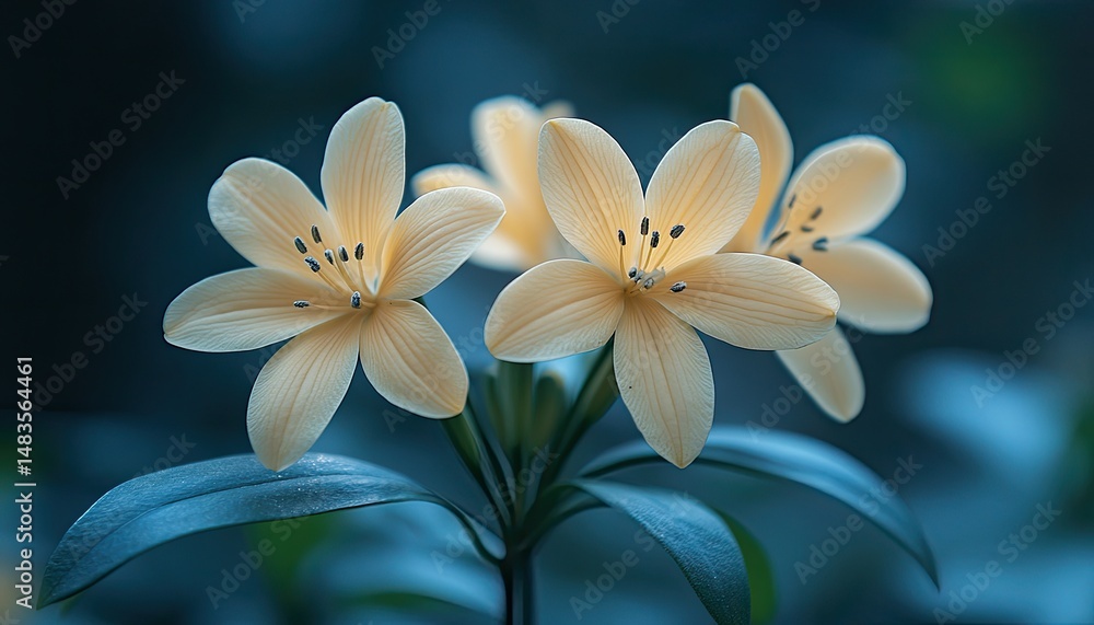 Fototapeta premium Macro shot of lovely pale yellow flowers with blue tinted foliage. Perfect for nature, flower, or spring-themed content and backgrounds.