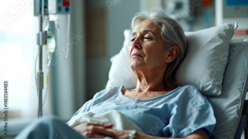 Cancer patient receiving chemotherapy treatment in hospital chair, medical care support setting
