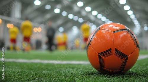 Bright Orange Soccer Ball on Green Turf With Players in Background During Ind...