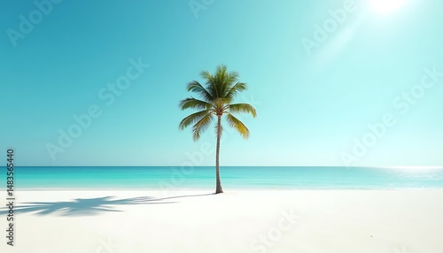 Fototapeta Naklejka Na Ścianę i Meble -  Serene Tropical Beach Scene Lone Palm Tree on Pristine White Sand