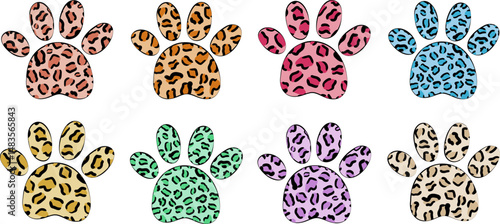 leopard print cat paw vector set – colorful animal footprint elements in trendy pop colors for fashion, kids design, stickers, sublimation and textile